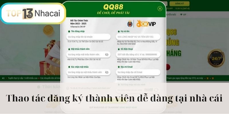Thao tác đăng ký thành viên dễ dàng tại nhà cái